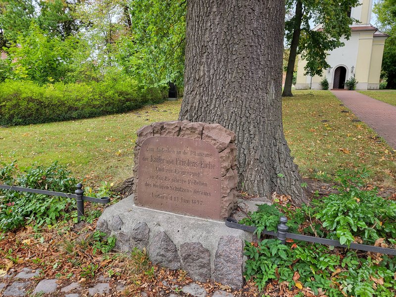 Kaiser und Friedens-Eiche mit Gedenkstein im Vordergrund Kaiser und Friedens-Eiche mit Gedenkstein im Vordergrund